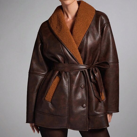 Coffee Brown Casual Women's Shawl Collar Faux Fur Jacket - Picture 3 of 9